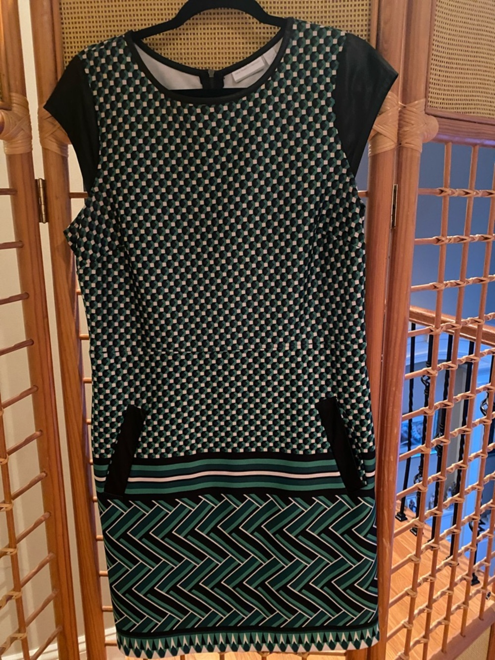 New York & Company Black and Teal Geometric Cap-Sleeve Midi Dress